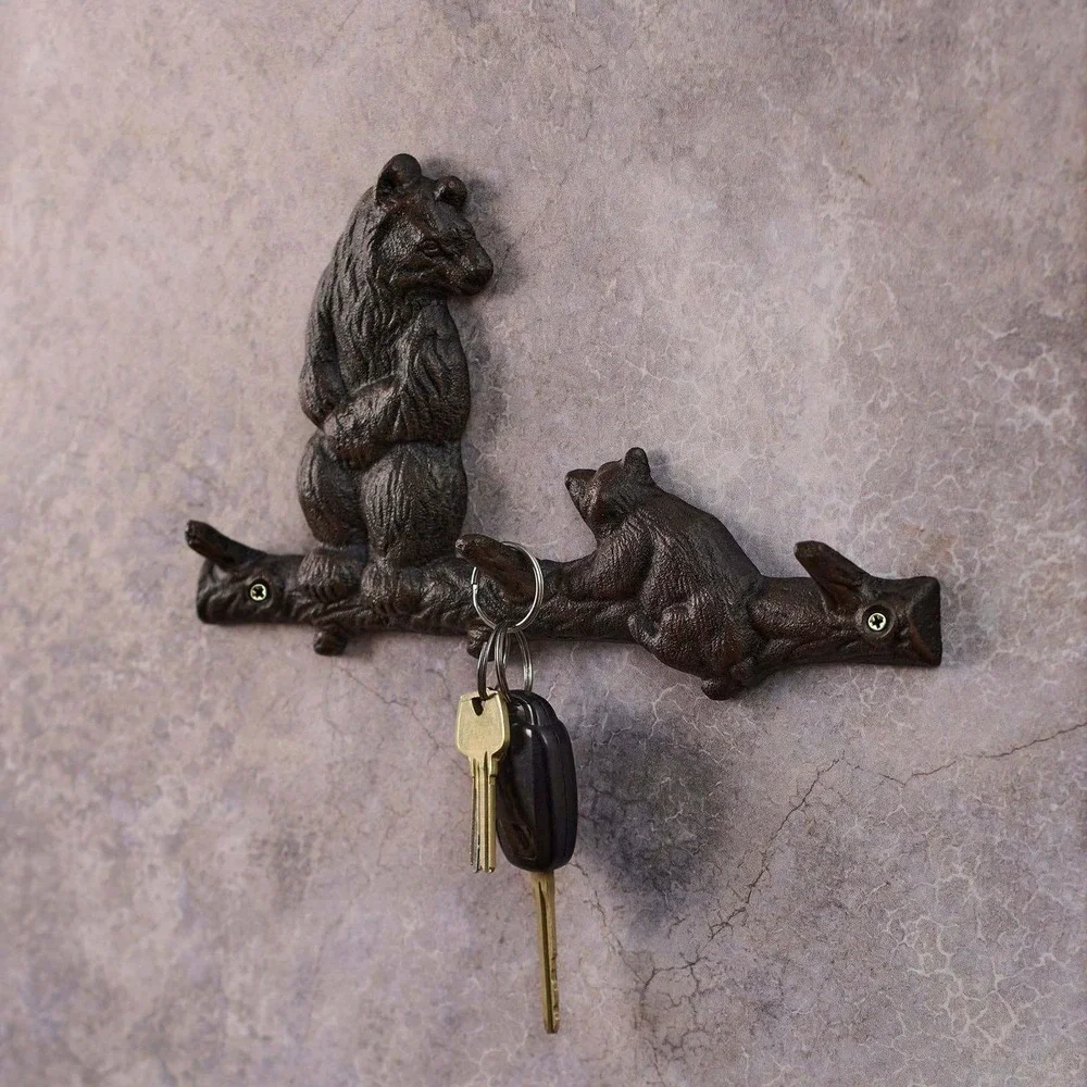 Bear and Cub Metal Cast Iron Wall Hook Rustic Cabin Lodge Decor (3 hooks)